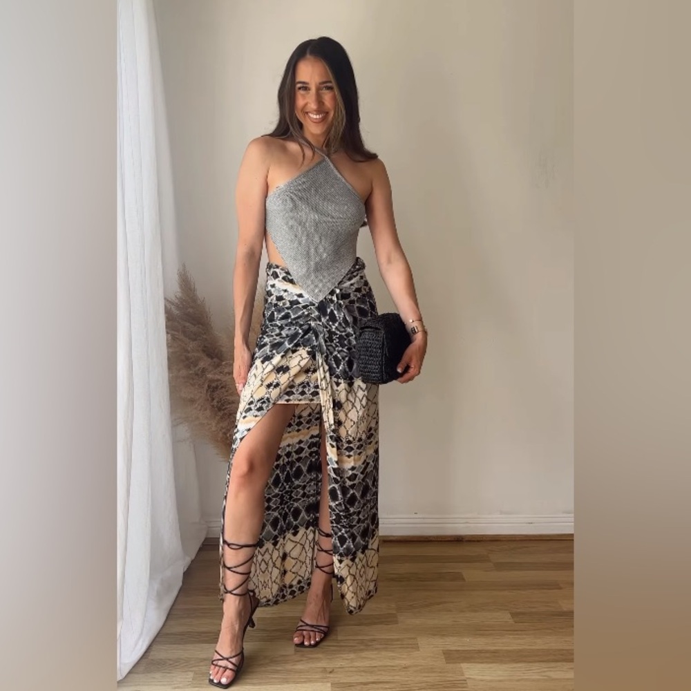 Zara Patterned High Low Skirt in Black and Tan
